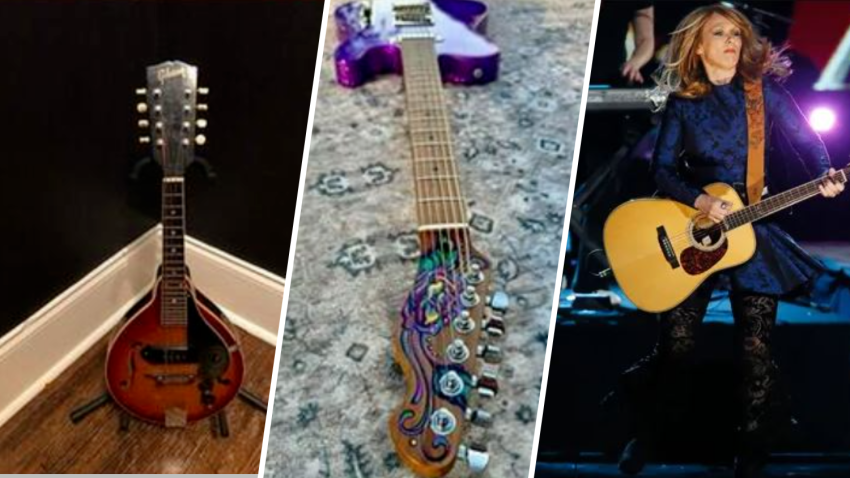 L to R: Photos of the stolen instruments, Heart performing on stage.
